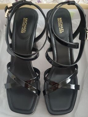 Michael Kors Black Patent Strappy Block Heel Sandals